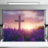 Aperturee - Aperturee Sunset Sky Cross Purple Floral Field Easter Backdrop